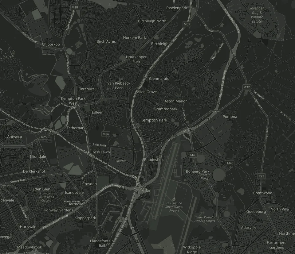 Street map of Kempton Park, Gauteng, with O.R. Tambo International Airport to the south-east